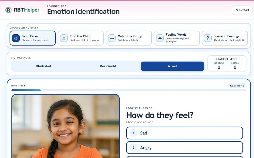 The Emotion Identification board showing a practice question